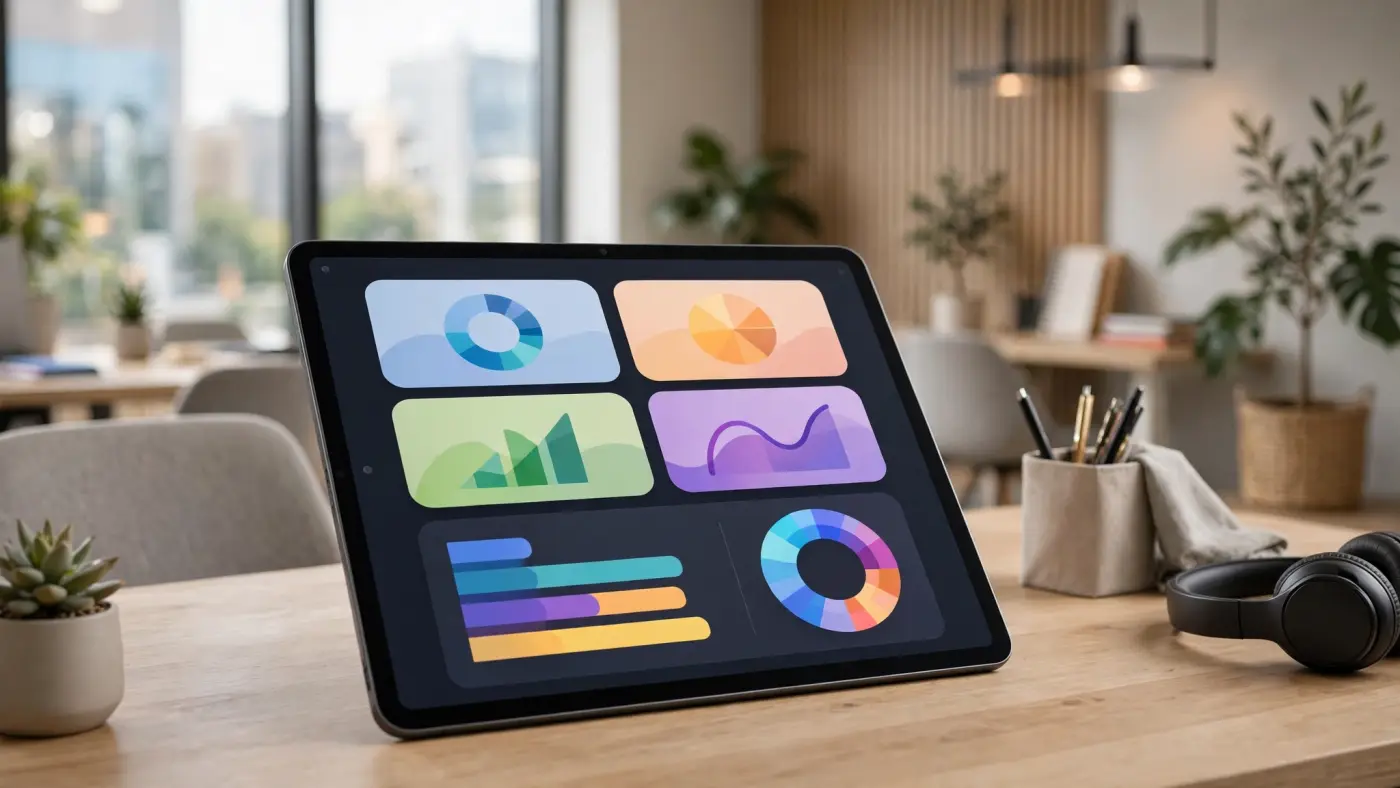 Panel de control financiero interactivo en una tableta con gráficos abstractos