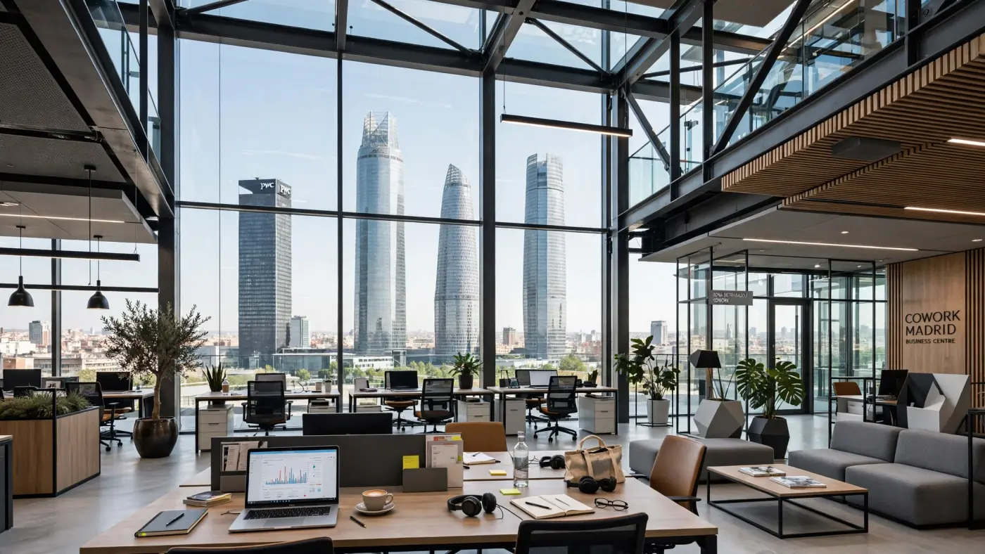 Centro de negocios moderno en Madrid con las Cuatro Torres al fondo