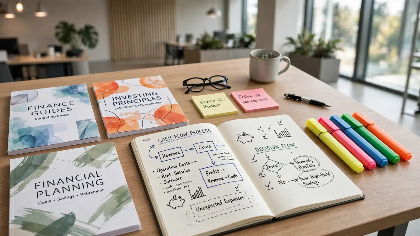 Materiales educativos de finanzas sobre un escritorio: guías, cuaderno con diagramas y subrayadores