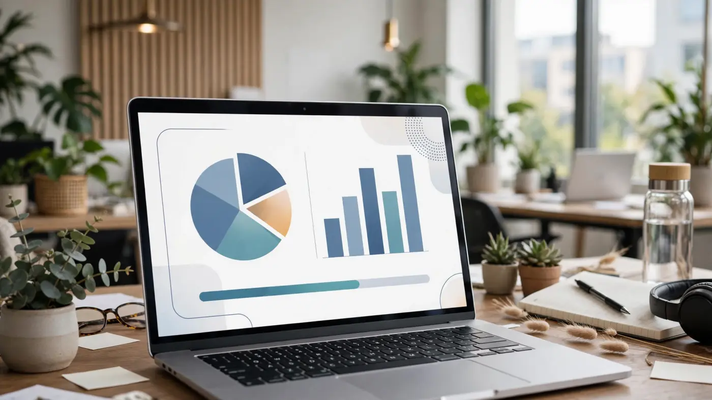 Curso de finanzas en línea en la pantalla de un portátil con diapositivas abstractas y barra de progreso